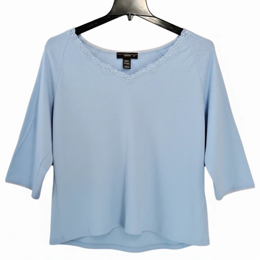 Venezia Plus Size Top 22/24 Light Blue Lace‎ V-Neck Ribbed Cotton 3/4 Sleeve